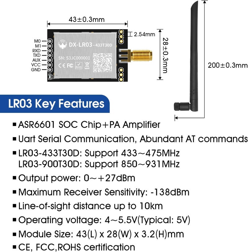 PDDAXLQUE 4 قطع DX-LR03 وهوائي 28 ديسيبل 10 كم مدى طويل للغاية وحدة الإرسال والاستقبال التسلسلي LORA UART 410-475/433 ميجاهرتز مع شريحة ASR6601 الرئيسية + PA متوافقة مع Arduino CE FCC (DX-LR30-433T30D-(I)*4 قطع) - Image 3